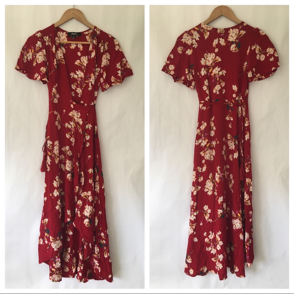 Lulus Flora Belle Red Floral Print Wrap Dress Sz S